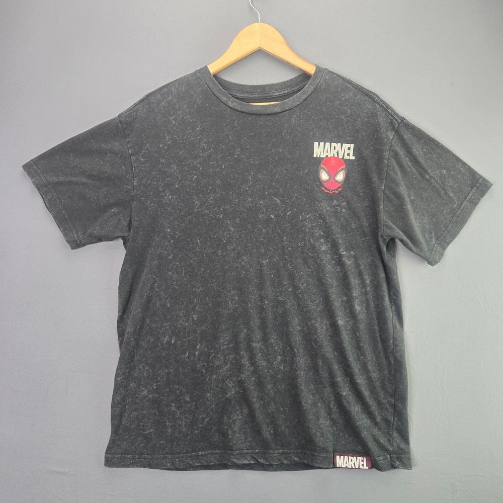 Marvel Spider-Man T-Shirt Miles Morales Split Face Acid Wash Black M Graphic Tee